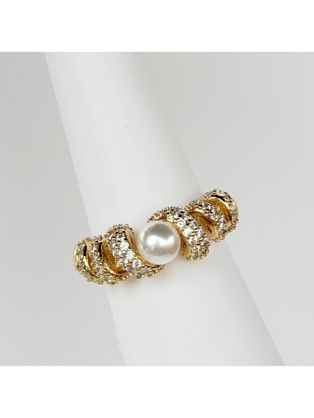 Bomb Party June Ring Sz 9 "Swirling Magic" Ceramic Pearl on Yellow Gold